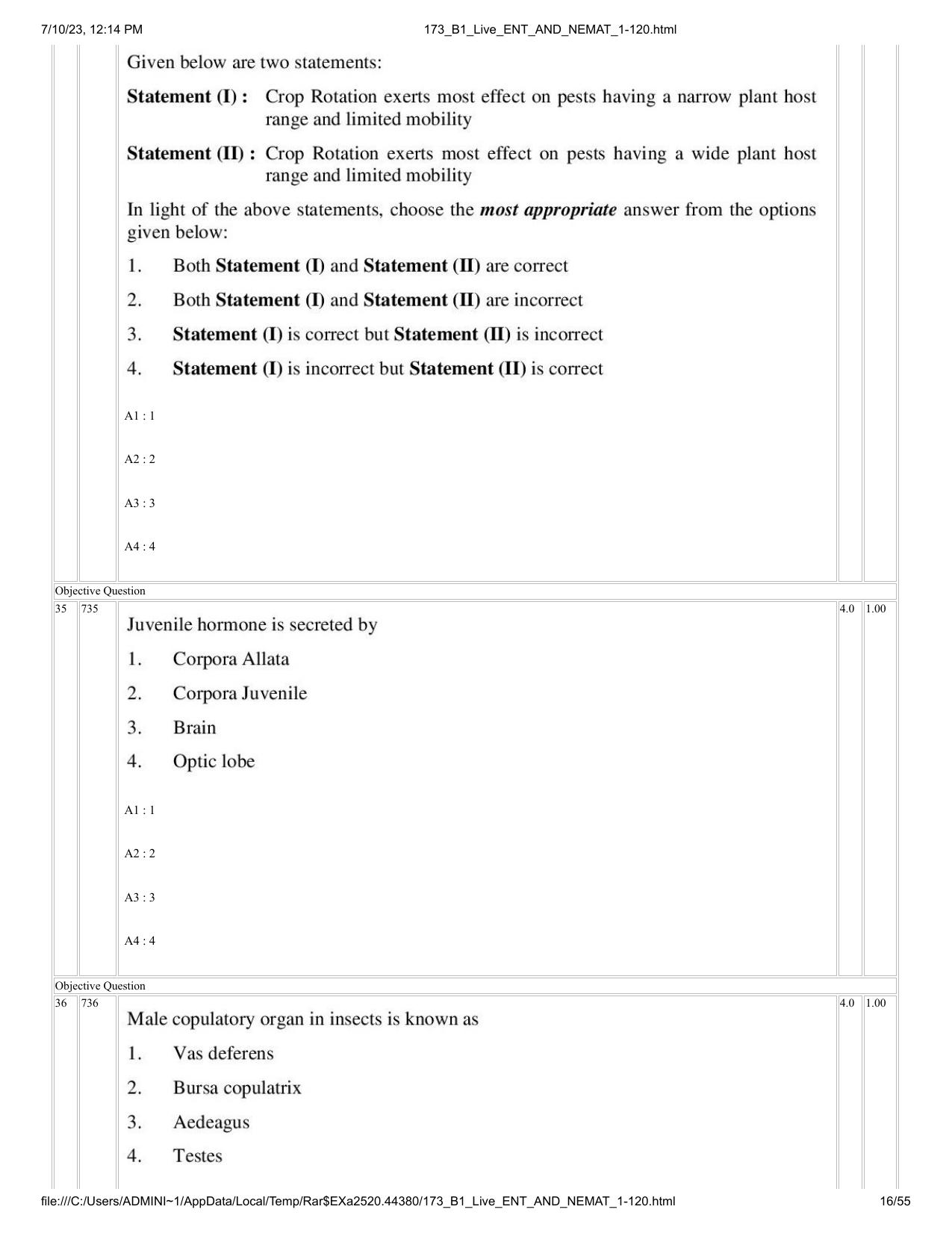 ICAR AIEEA PG 2023 ENTOMOLOGY AND NEMATOLOGY Question Paper - Page 16