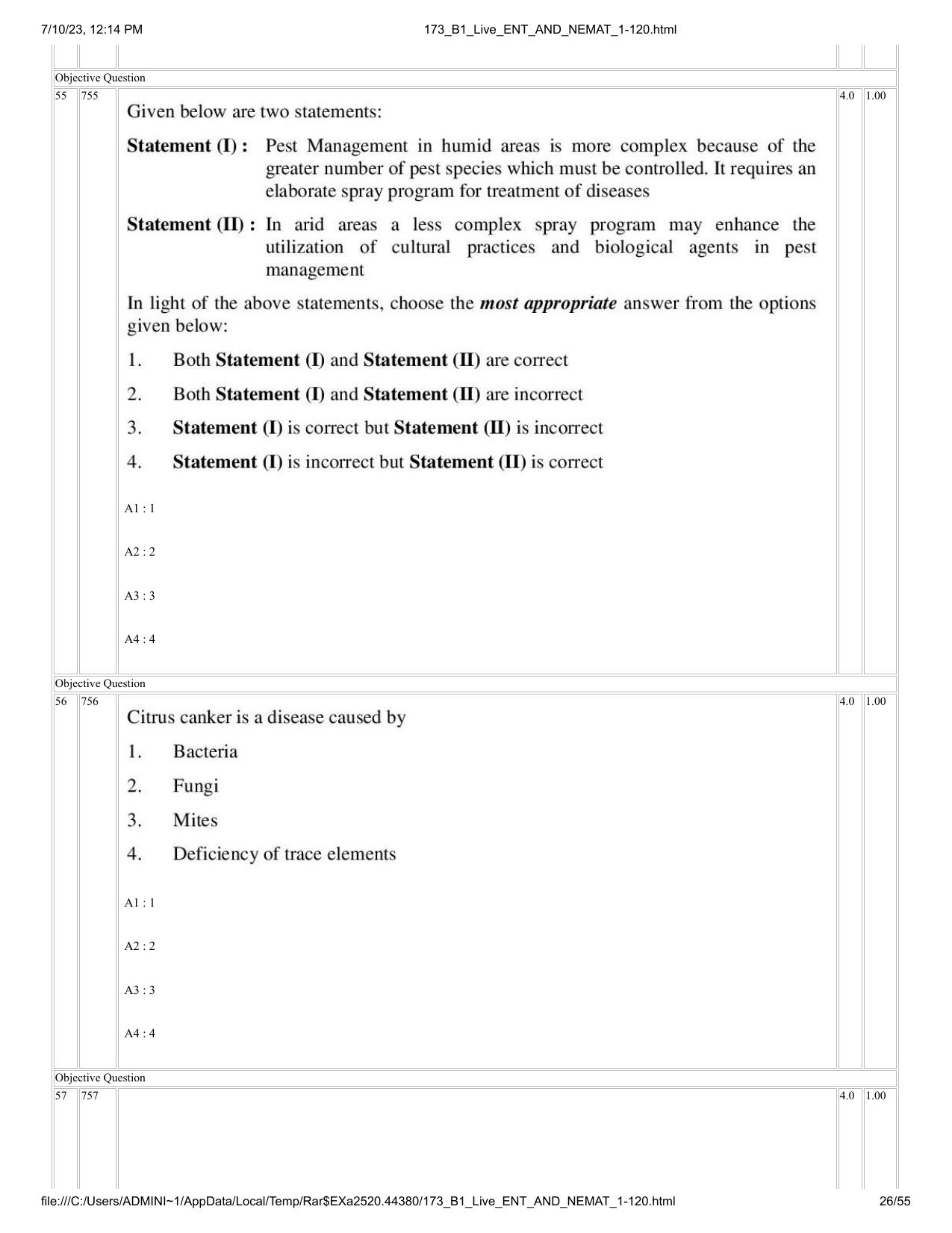 ICAR AIEEA PG 2023 ENTOMOLOGY AND NEMATOLOGY Question Paper - Page 26