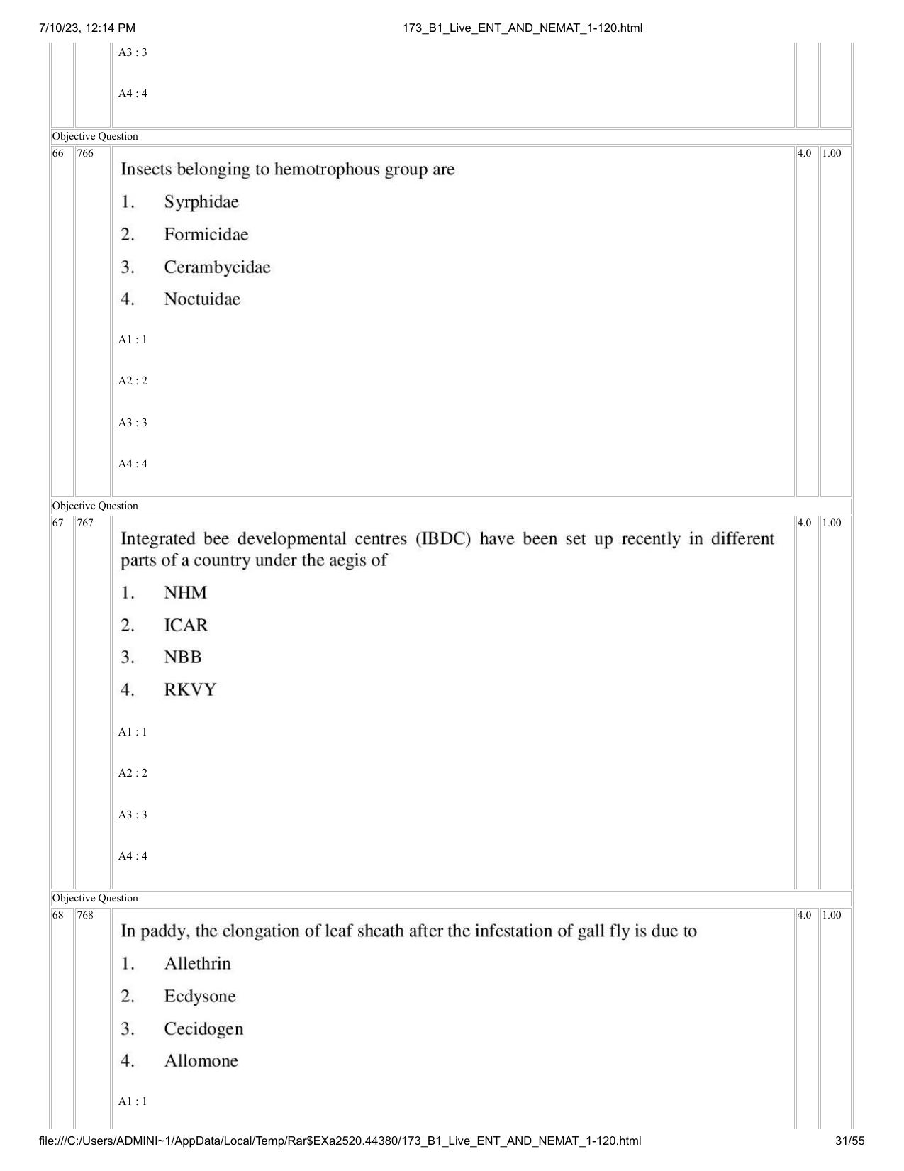 ICAR AIEEA PG 2023 ENTOMOLOGY AND NEMATOLOGY Question Paper - Page 31