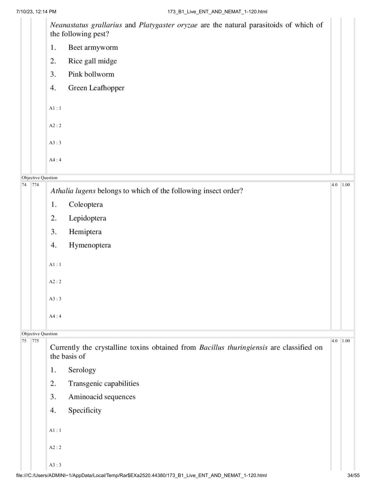 ICAR AIEEA PG 2023 ENTOMOLOGY AND NEMATOLOGY Question Paper - Page 34