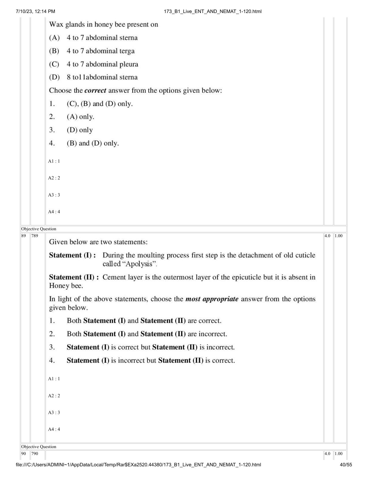 ICAR AIEEA PG 2023 ENTOMOLOGY AND NEMATOLOGY Question Paper - Page 40