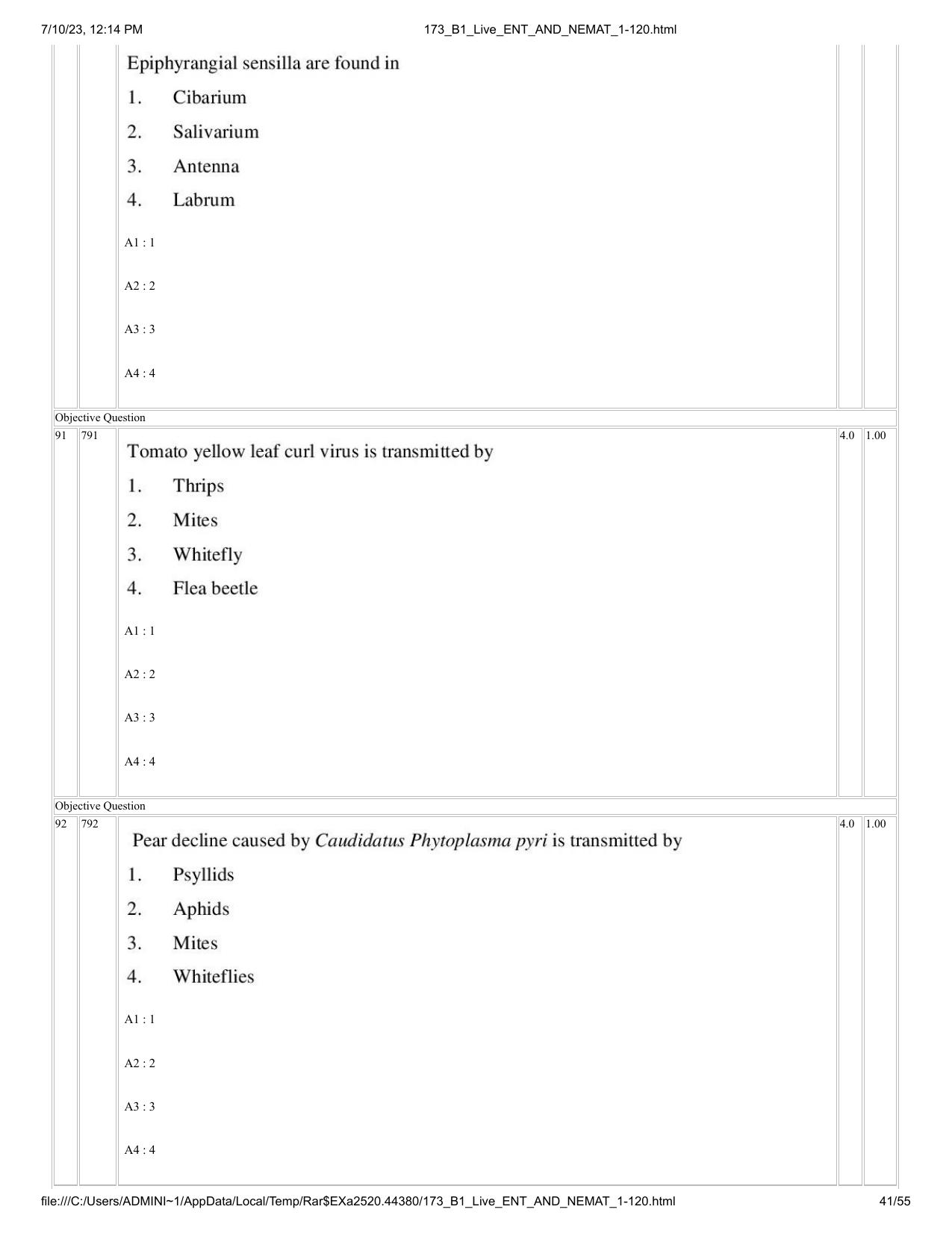 ICAR AIEEA PG 2023 ENTOMOLOGY AND NEMATOLOGY Question Paper - Page 41