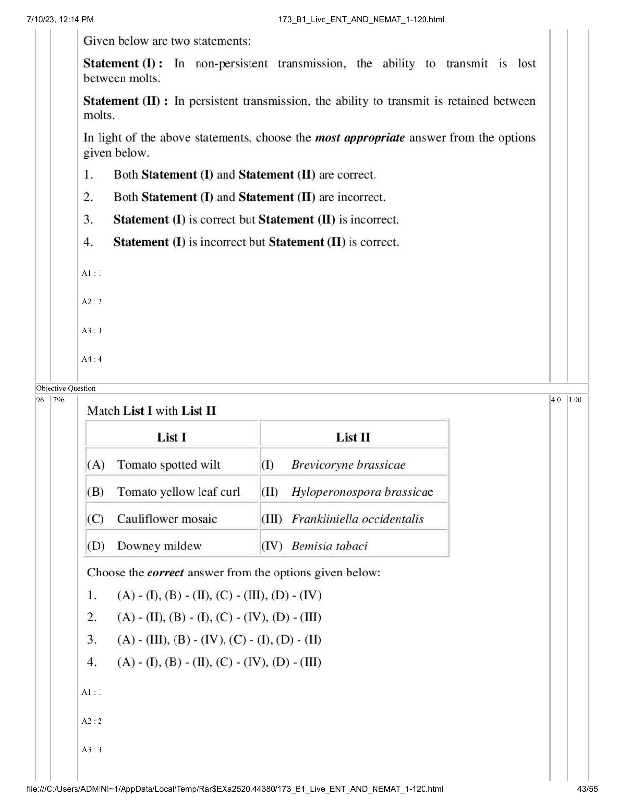 ICAR AIEEA PG 2023 ENTOMOLOGY AND NEMATOLOGY Question Paper - Page 43