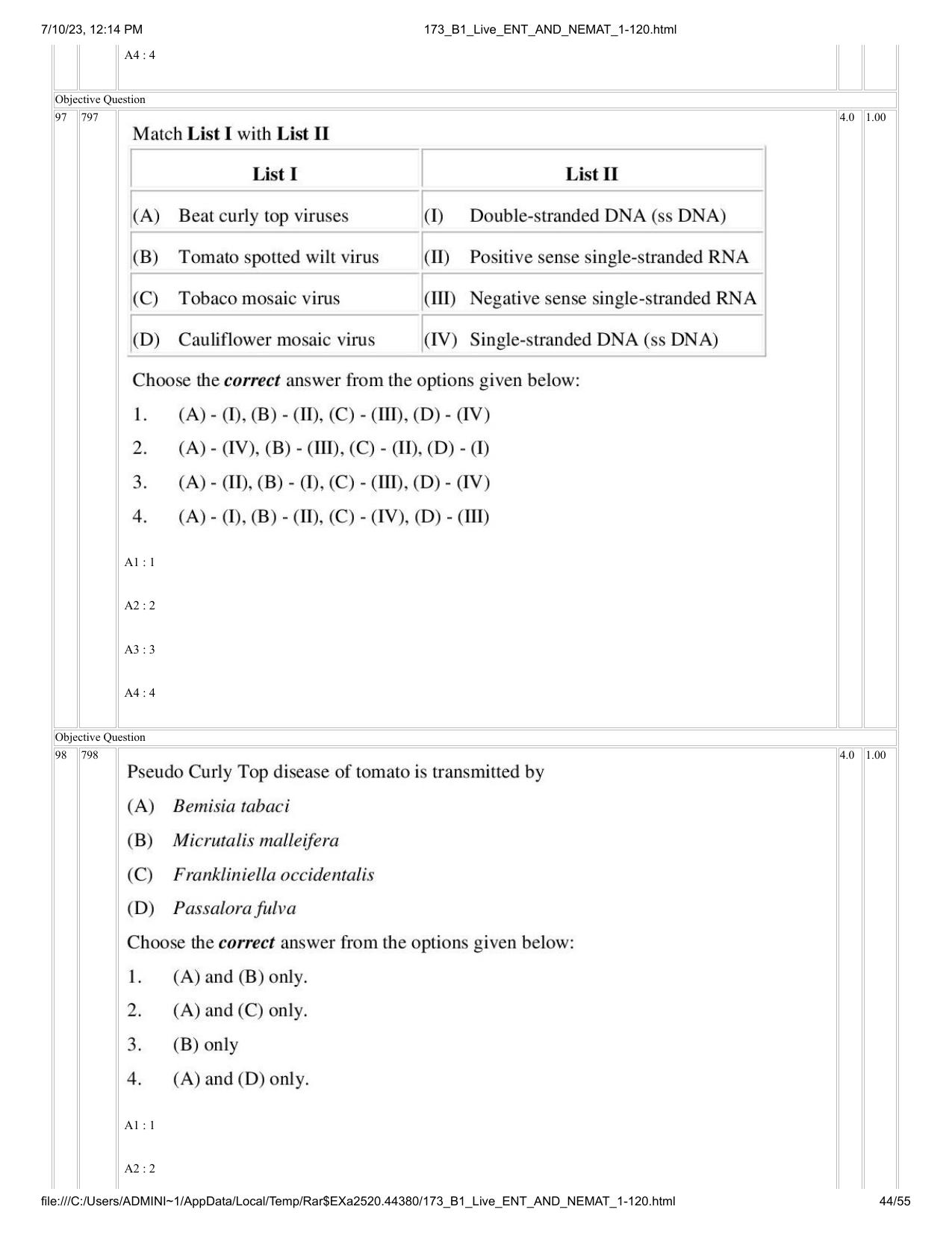 ICAR AIEEA PG 2023 ENTOMOLOGY AND NEMATOLOGY Question Paper - Page 44
