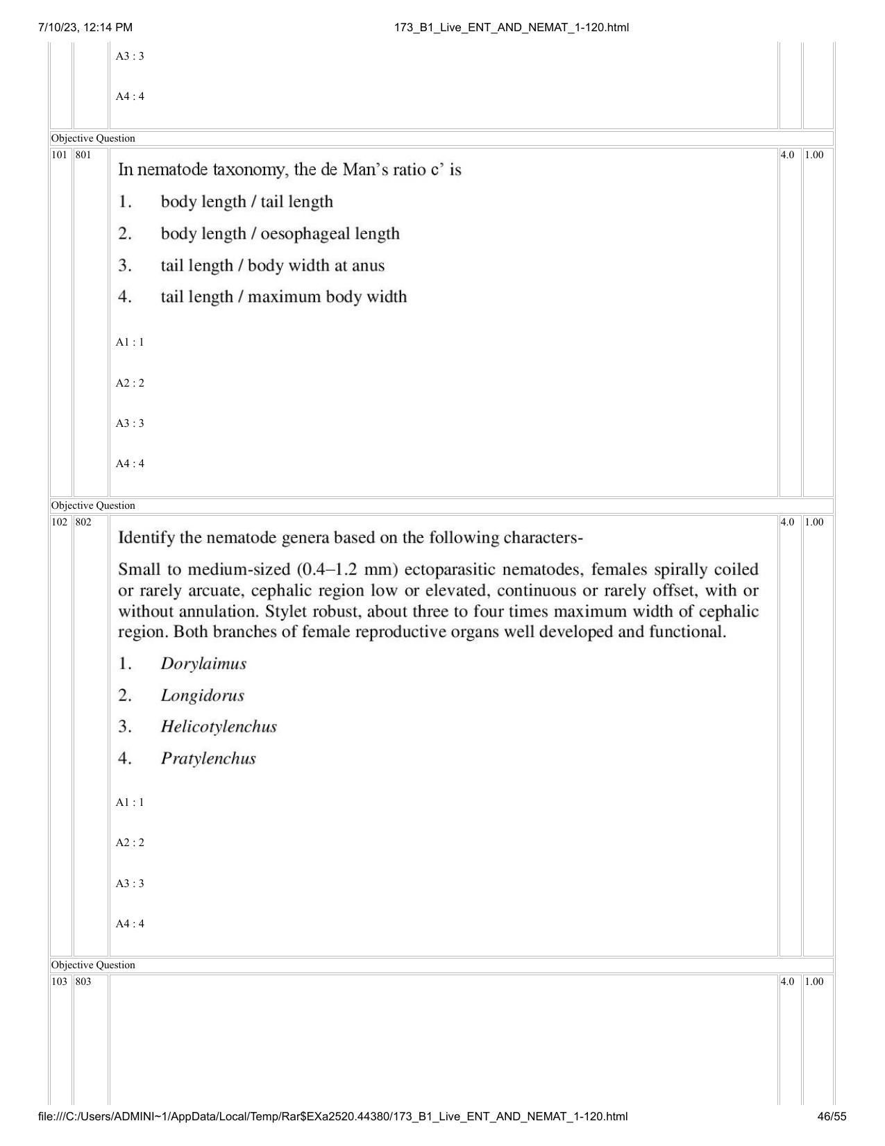 ICAR AIEEA PG 2023 ENTOMOLOGY AND NEMATOLOGY Question Paper - Page 46