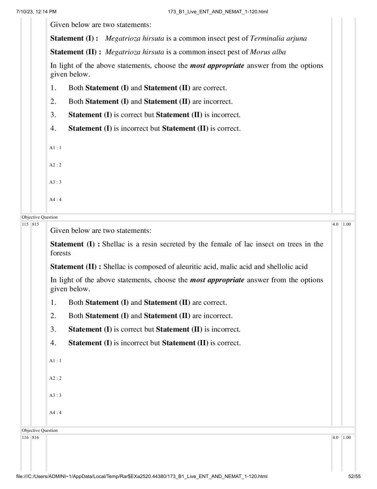 ICAR AIEEA PG 2023 ENTOMOLOGY AND NEMATOLOGY Question Paper - Page 52