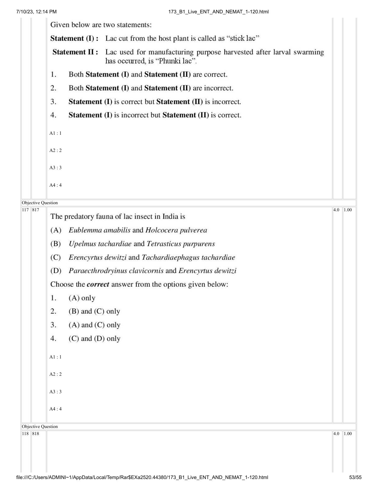 ICAR AIEEA PG 2023 ENTOMOLOGY AND NEMATOLOGY Question Paper - Page 53