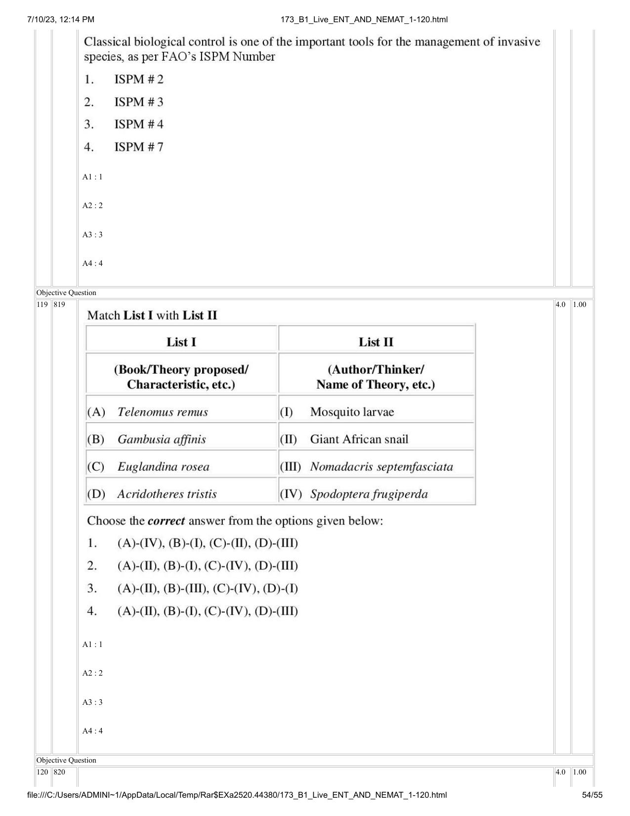 ICAR AIEEA PG 2023 ENTOMOLOGY AND NEMATOLOGY Question Paper - Page 54