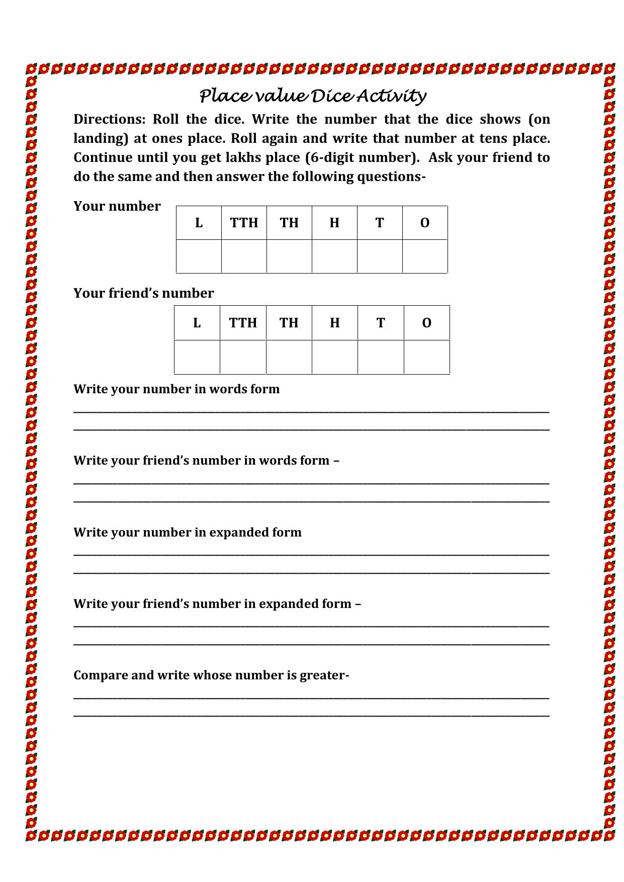 Worksheet for Class 4 Maths Assignment 79 Place Value Dice Activity - Page 1