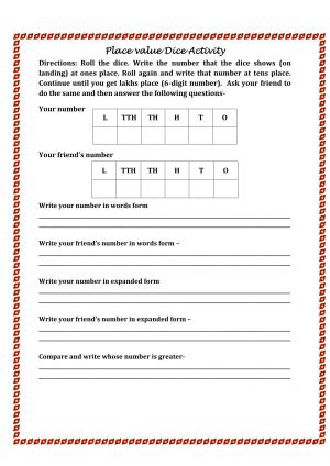 Worksheet for Class 4 Maths Assignment 79 Place Value Dice Activity