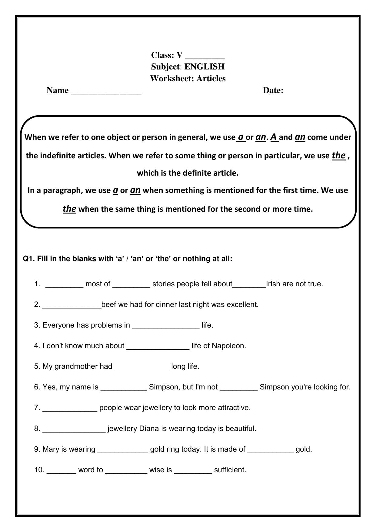 Worksheet for Class 5 English Assignment 12 - Page 1
