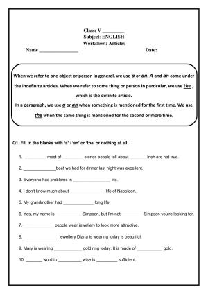 Worksheet for Class 5 English Assignment 12