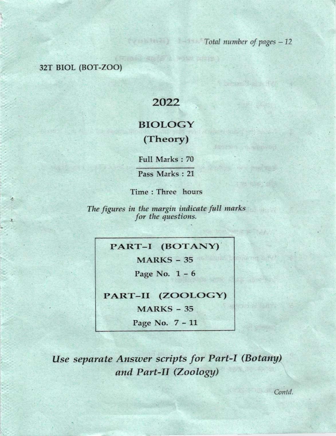 Assam HS 2nd Year Biology 2022 Question Paper - Page 1