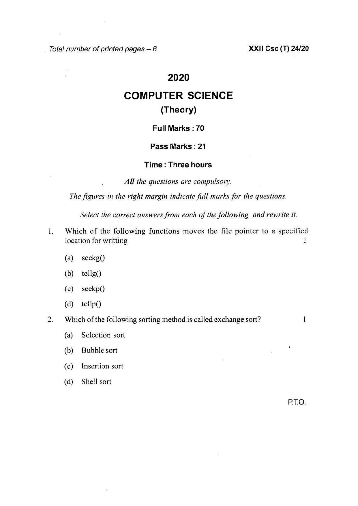 COHSEM Class 12 Computer Science Question Papers 2020 - Page 1