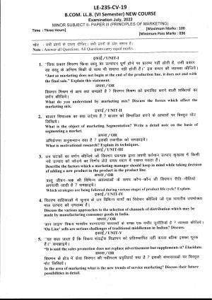 Bilaspur University Question Paper July 2022: B.COM. LL.B. sixth Semester (New Course) Minor Subject II Paper III (Principles Of Marketing) Paper 1 