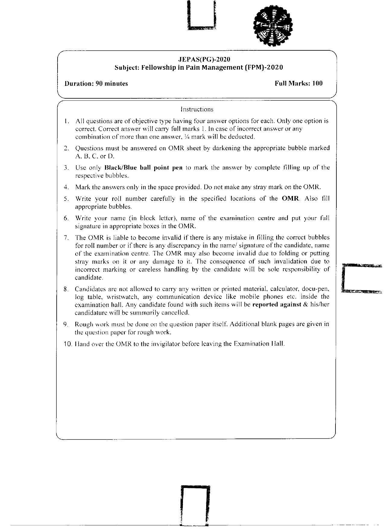 WBJEEB JEMAS (PG) 2020 FPM Question Paper - Page 1