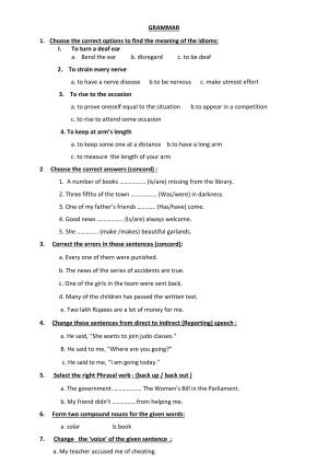 CBSE Class 8 English Worksheet Grammer Assignment