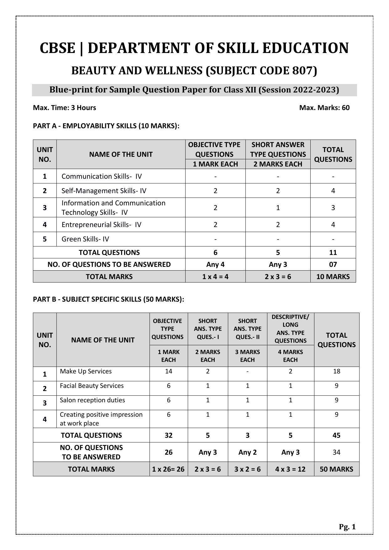 CBSE Class 12 Beauty and Wellness (Skill Education) Papers 2023 - Page 1
