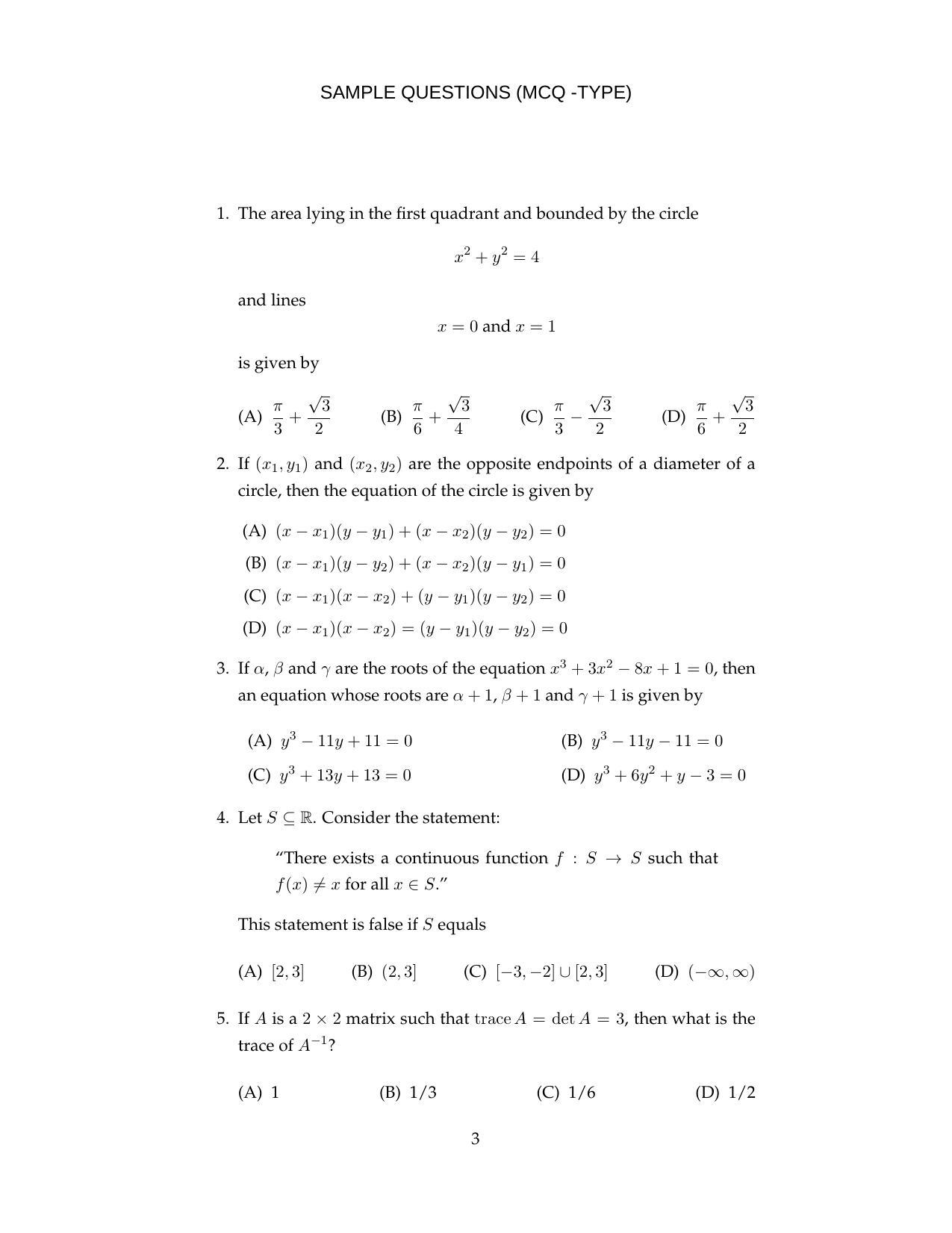 ISI Admission Test MMA (MCQ- Type) 2017 Sample Paper - Page 1
