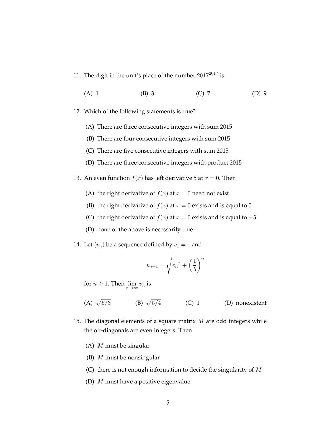 ISI Admission Test MMA (MCQ- Type) 2017 Sample Paper - Page 3