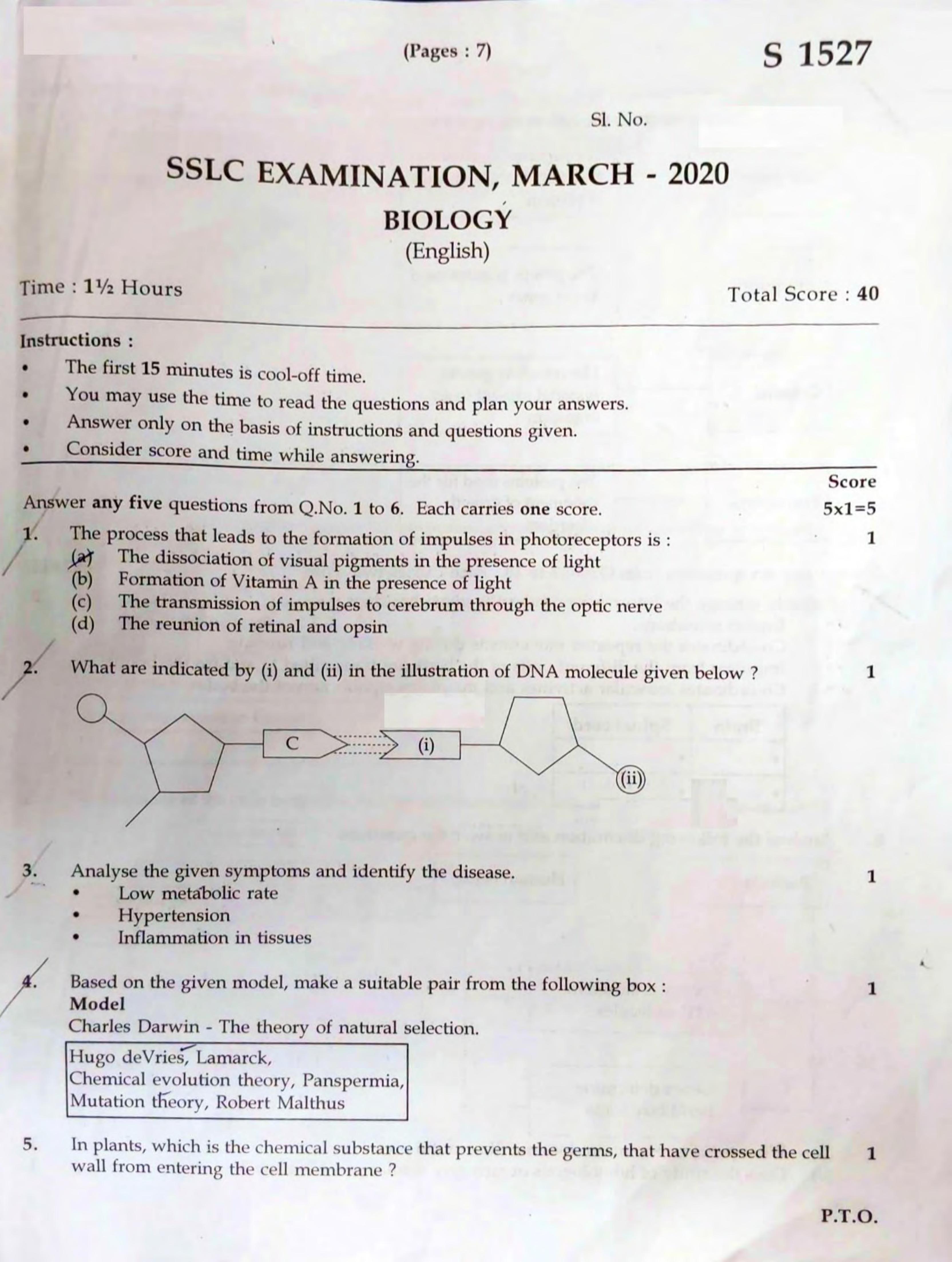 Kerala SSLC 2020 Biology (EM) Question Paper - Page 1