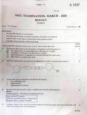 Kerala SSLC 2020 Biology (EM) Question Paper