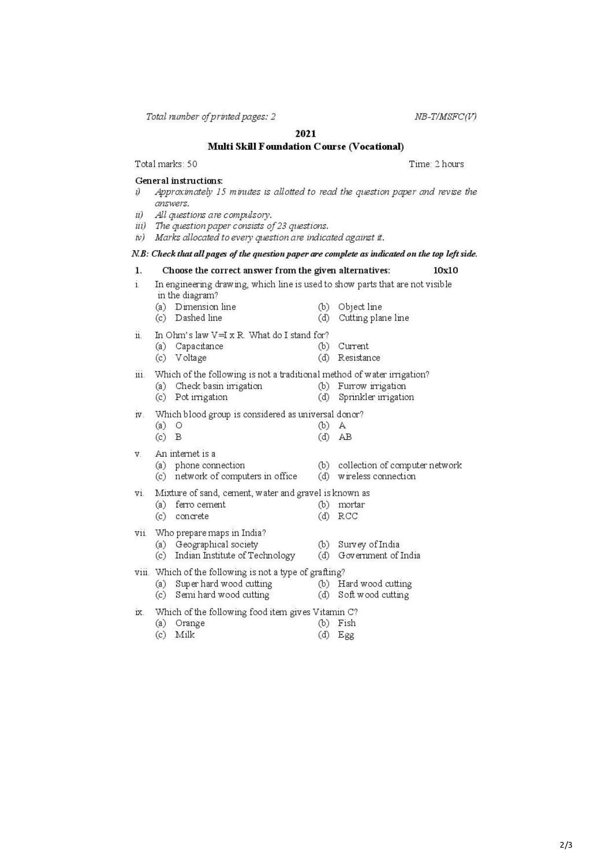 Nagaland Board Class 10 Multi Skill Foundation 2021 Question Paper - Page 1