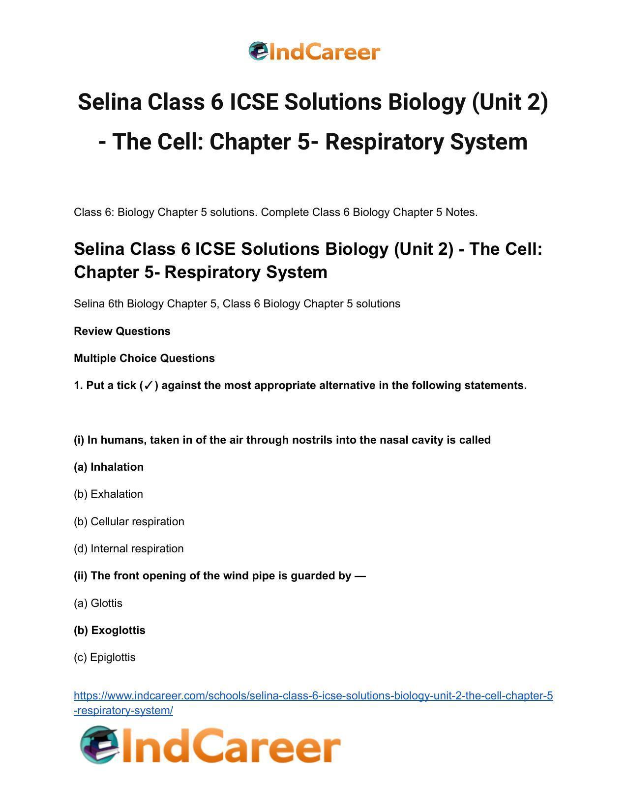 Selina Class 6 ICSE Solutions Biology (Unit 2) - The Cell: Chapter 5- Respiratory System - Page 2
