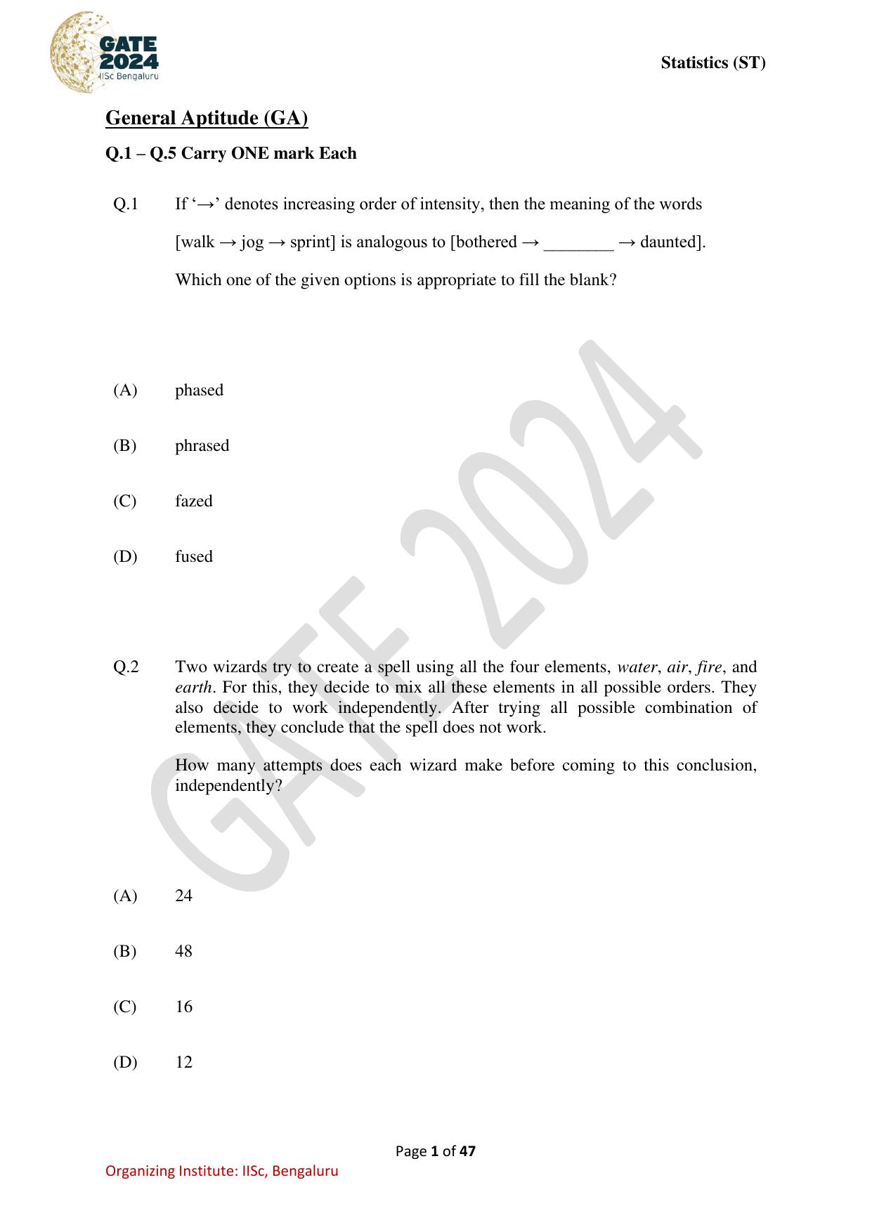 GATE 2024 Statistics (ST) Question Paper - Page 1