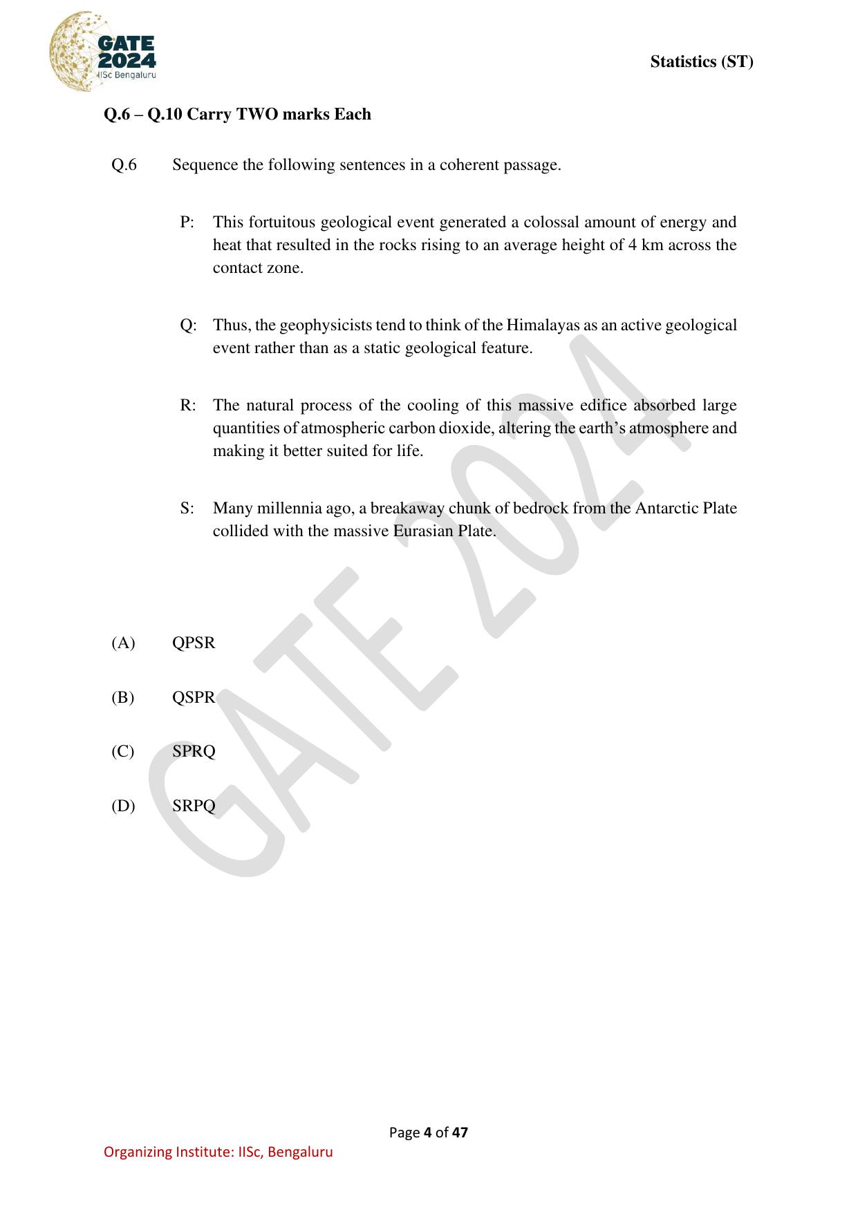 GATE 2024 Statistics (ST) Question Paper - Page 4