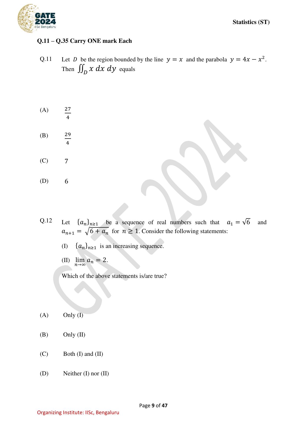 GATE 2024 Statistics (ST) Question Paper - Page 9