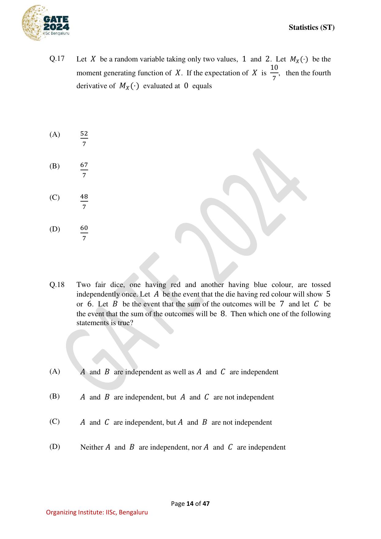 GATE 2024 Statistics (ST) Question Paper - Page 14