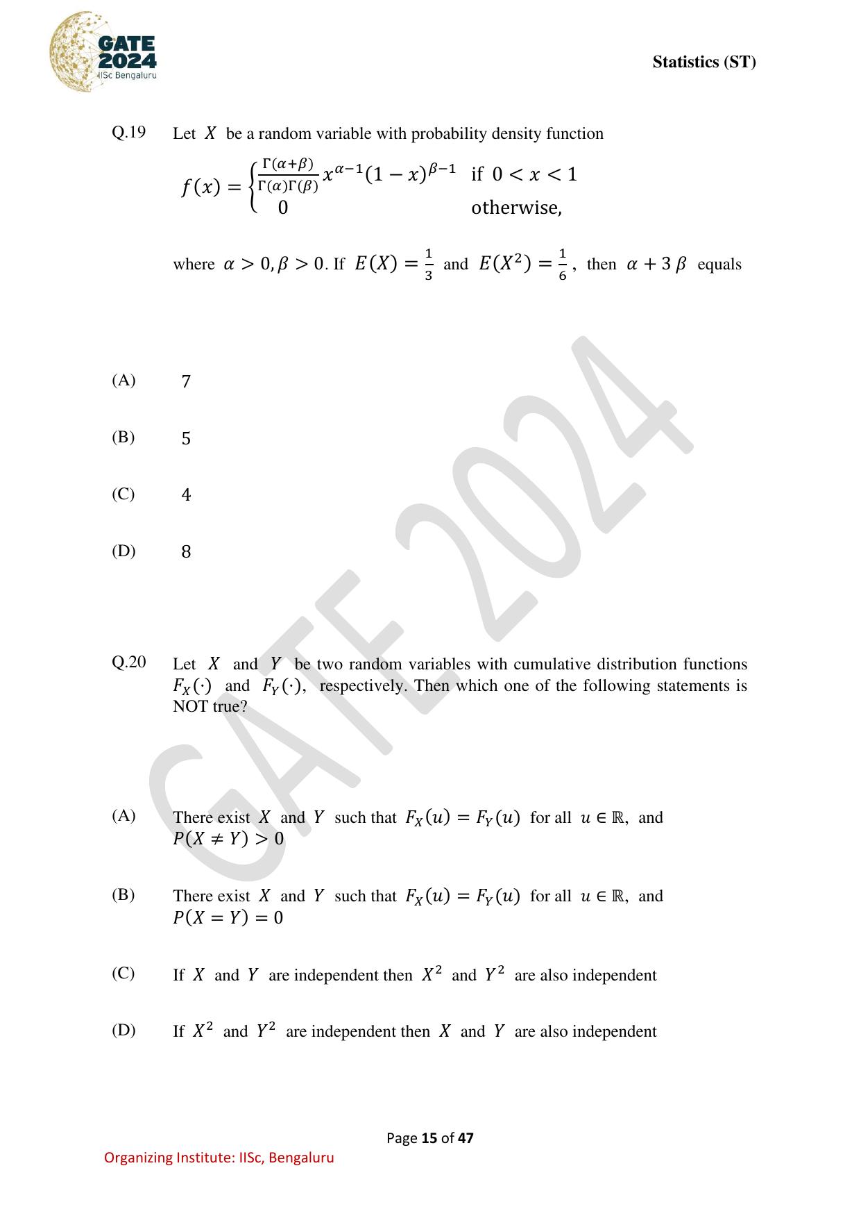 GATE 2024 Statistics (ST) Question Paper - Page 15