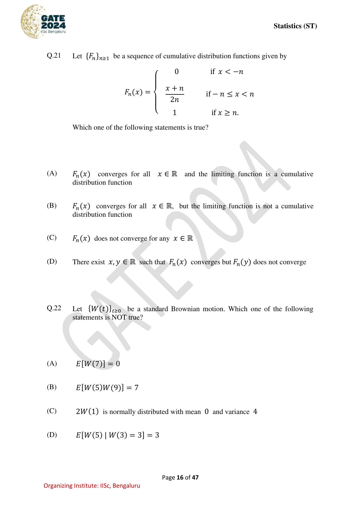 GATE 2024 Statistics (ST) Question Paper - Page 16