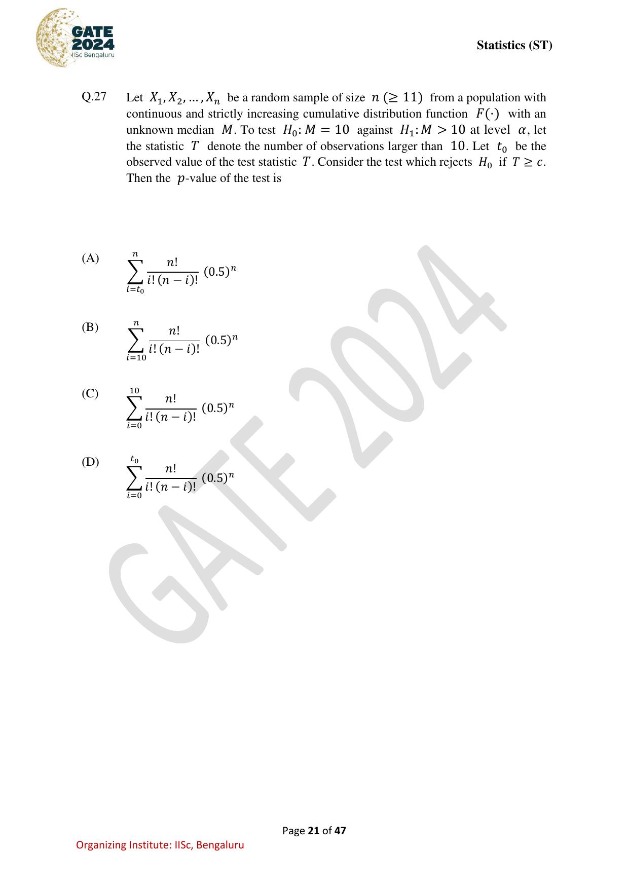 GATE 2024 Statistics (ST) Question Paper - Page 21