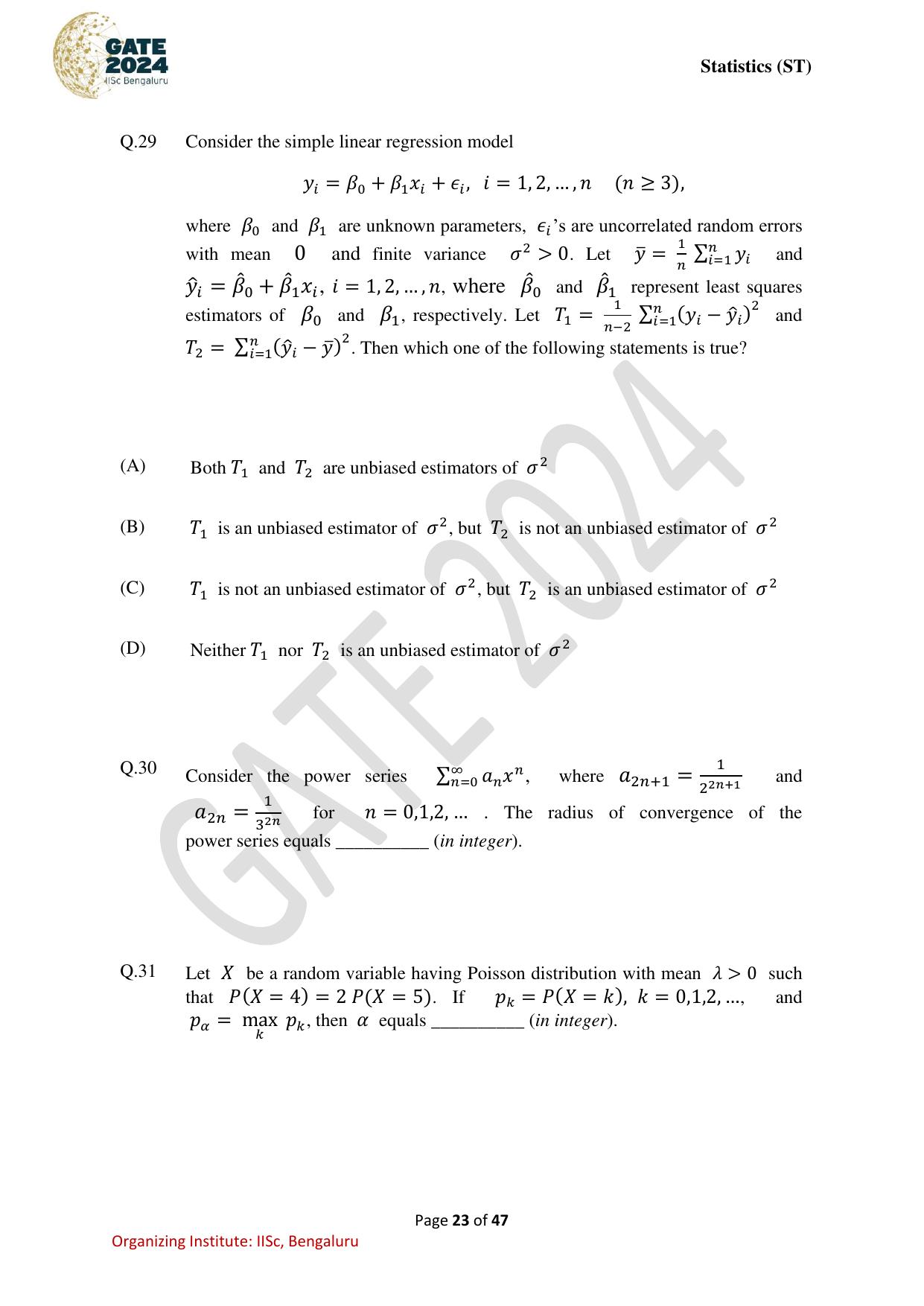 GATE 2024 Statistics (ST) Question Paper - Page 23