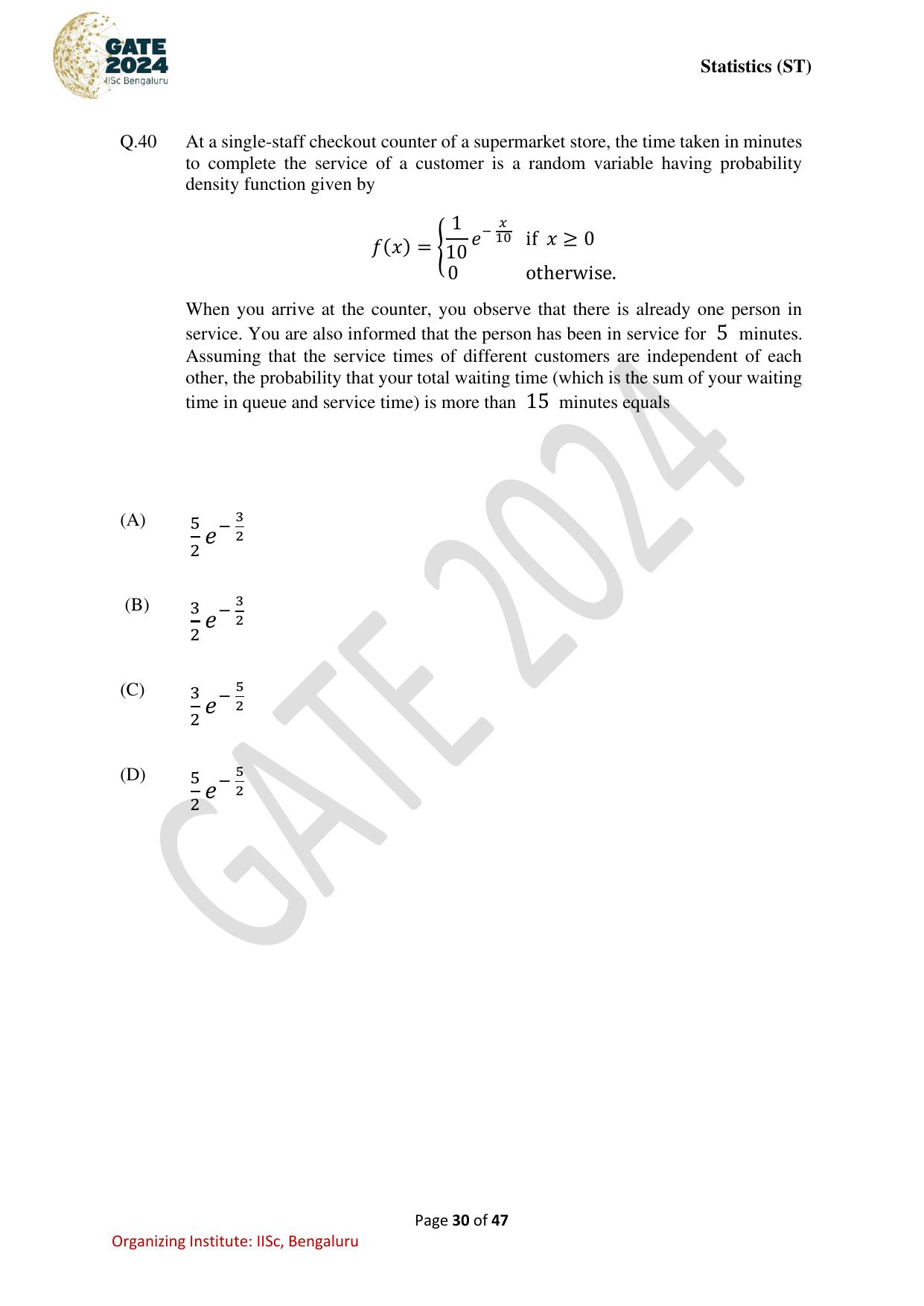 GATE 2024 Statistics (ST) Question Paper - Page 30