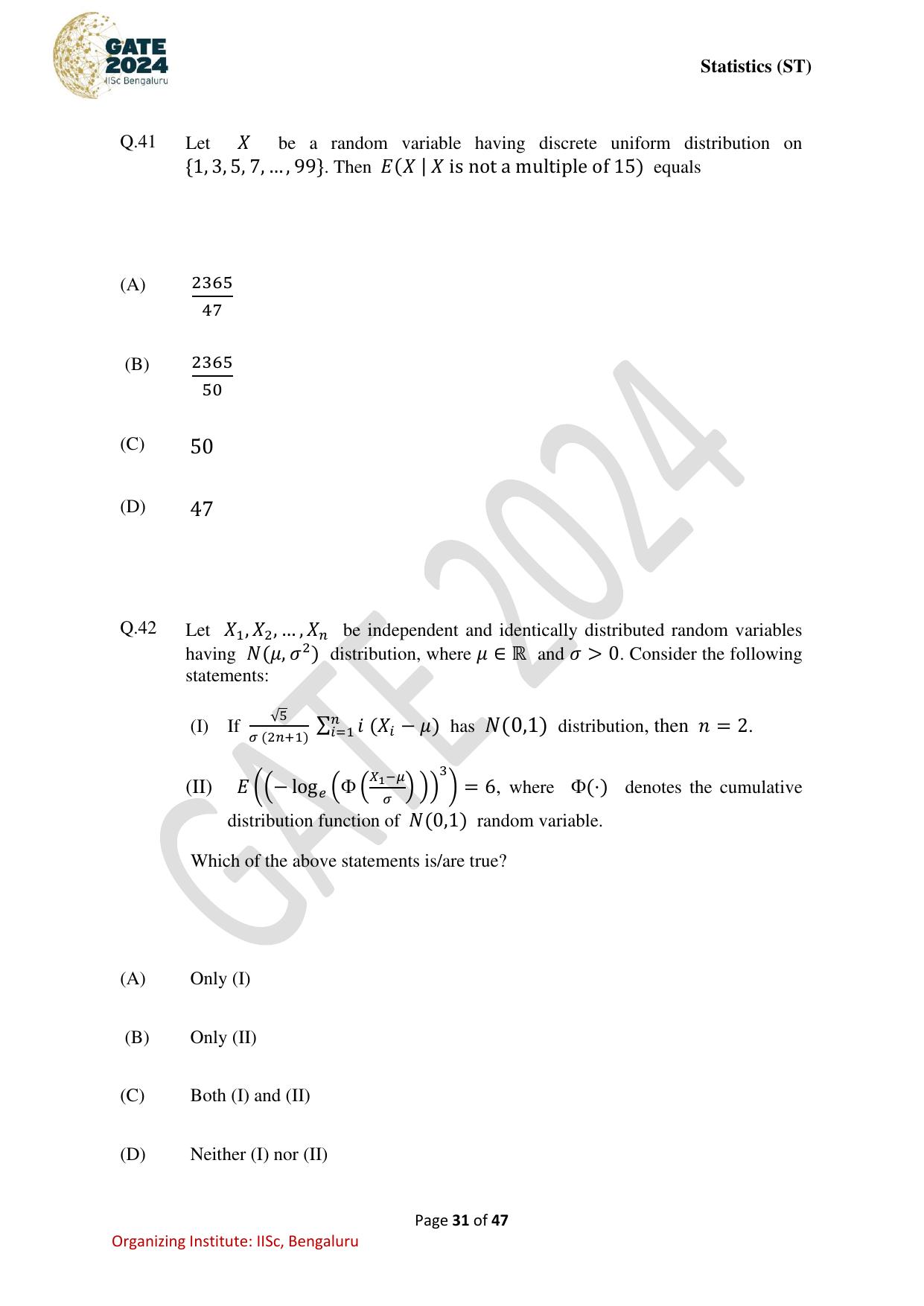 GATE 2024 Statistics (ST) Question Paper - Page 31