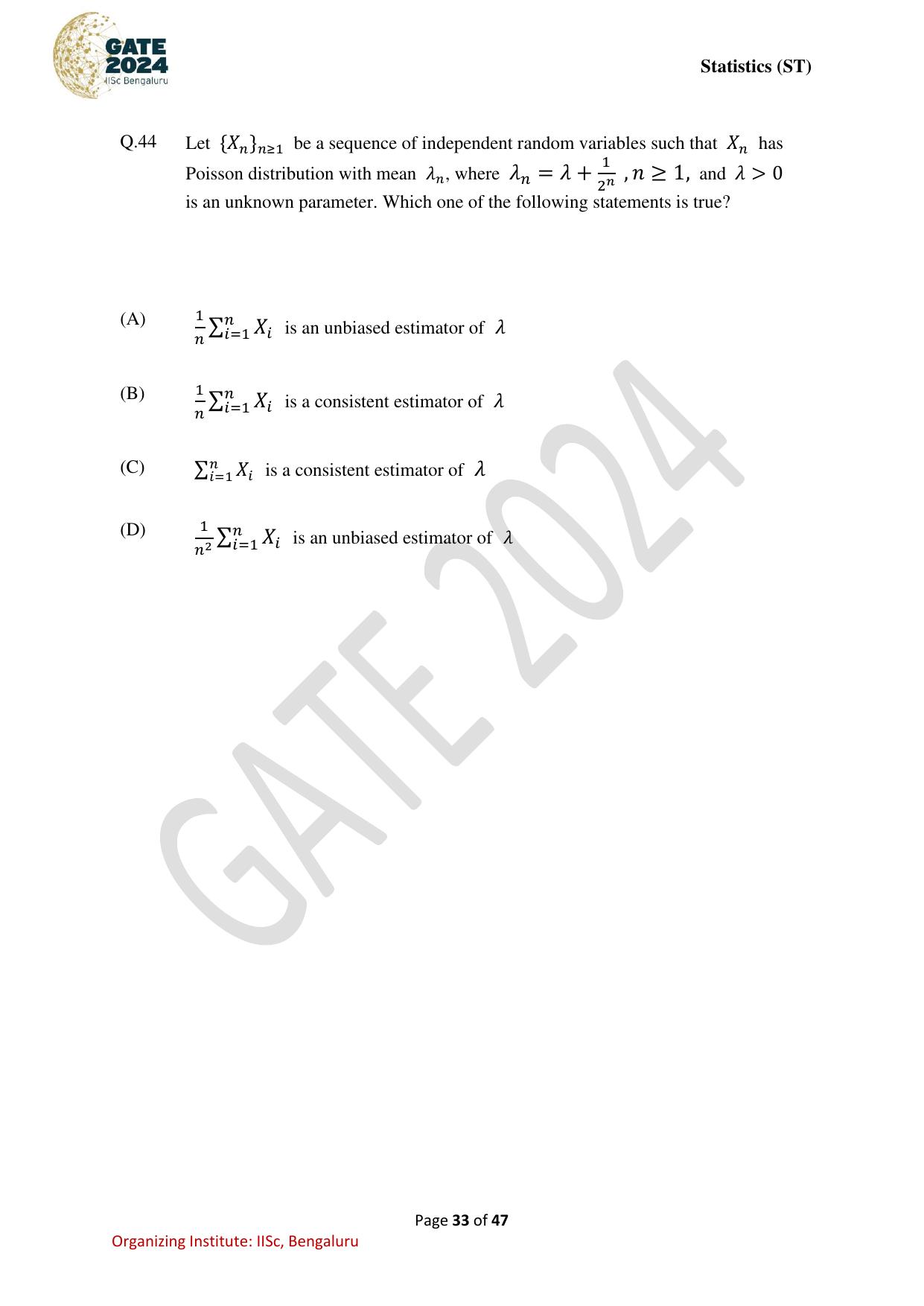 GATE 2024 Statistics (ST) Question Paper - Page 33