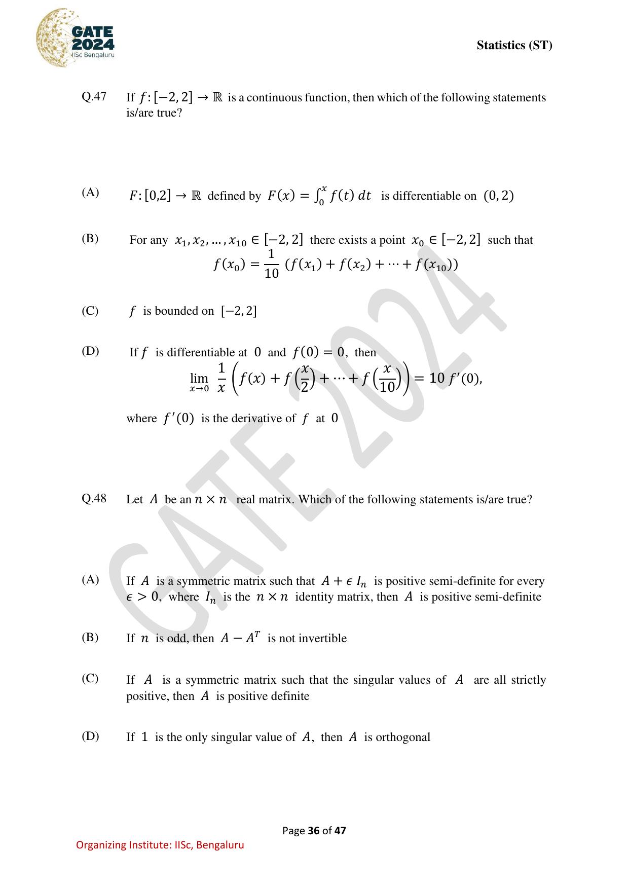 GATE 2024 Statistics (ST) Question Paper - Page 36