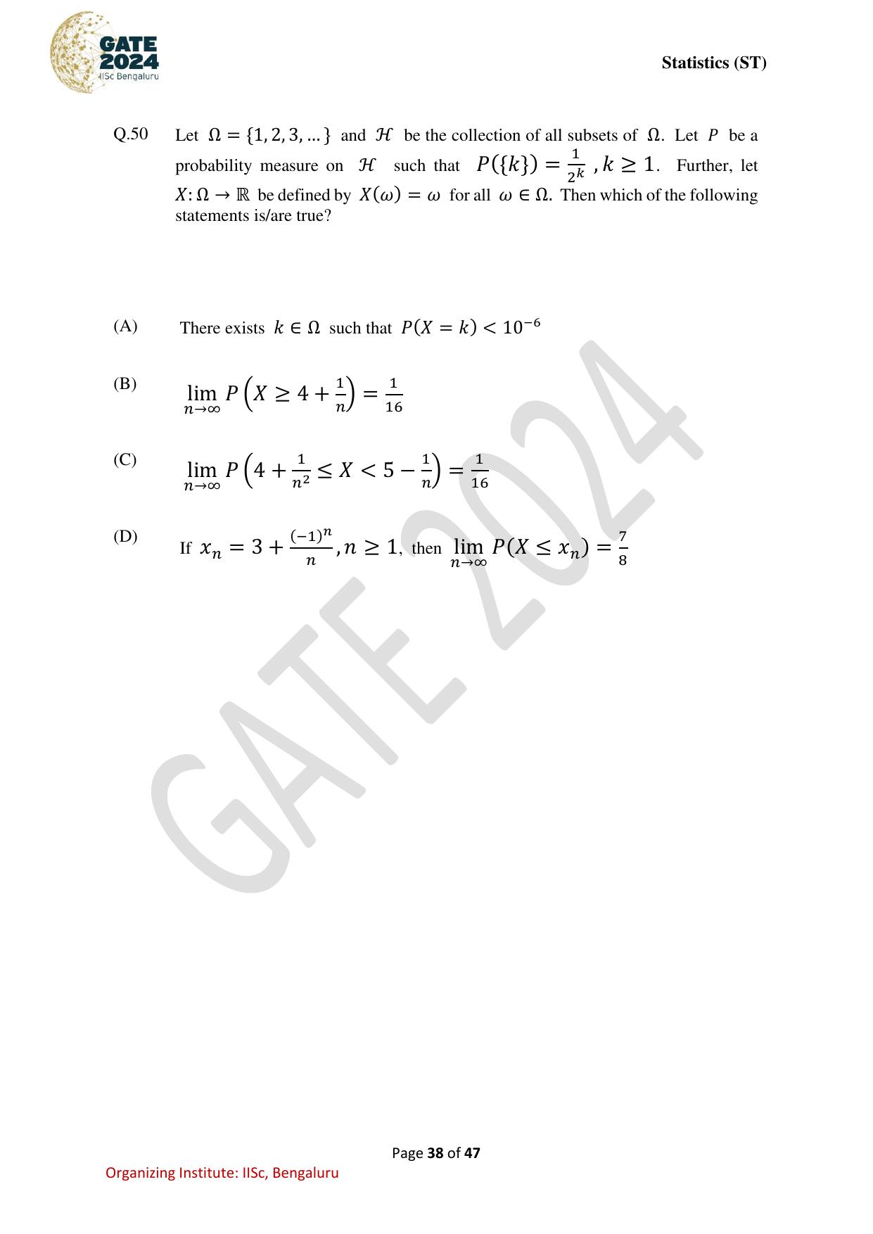 GATE 2024 Statistics (ST) Question Paper - Page 38