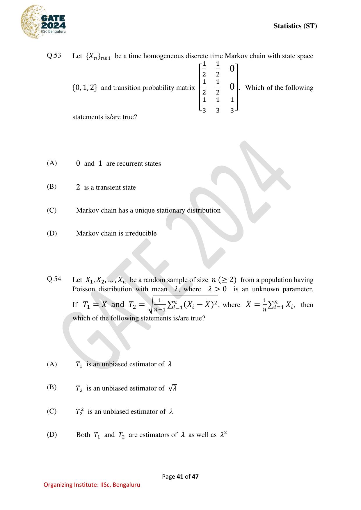 GATE 2024 Statistics (ST) Question Paper - Page 41