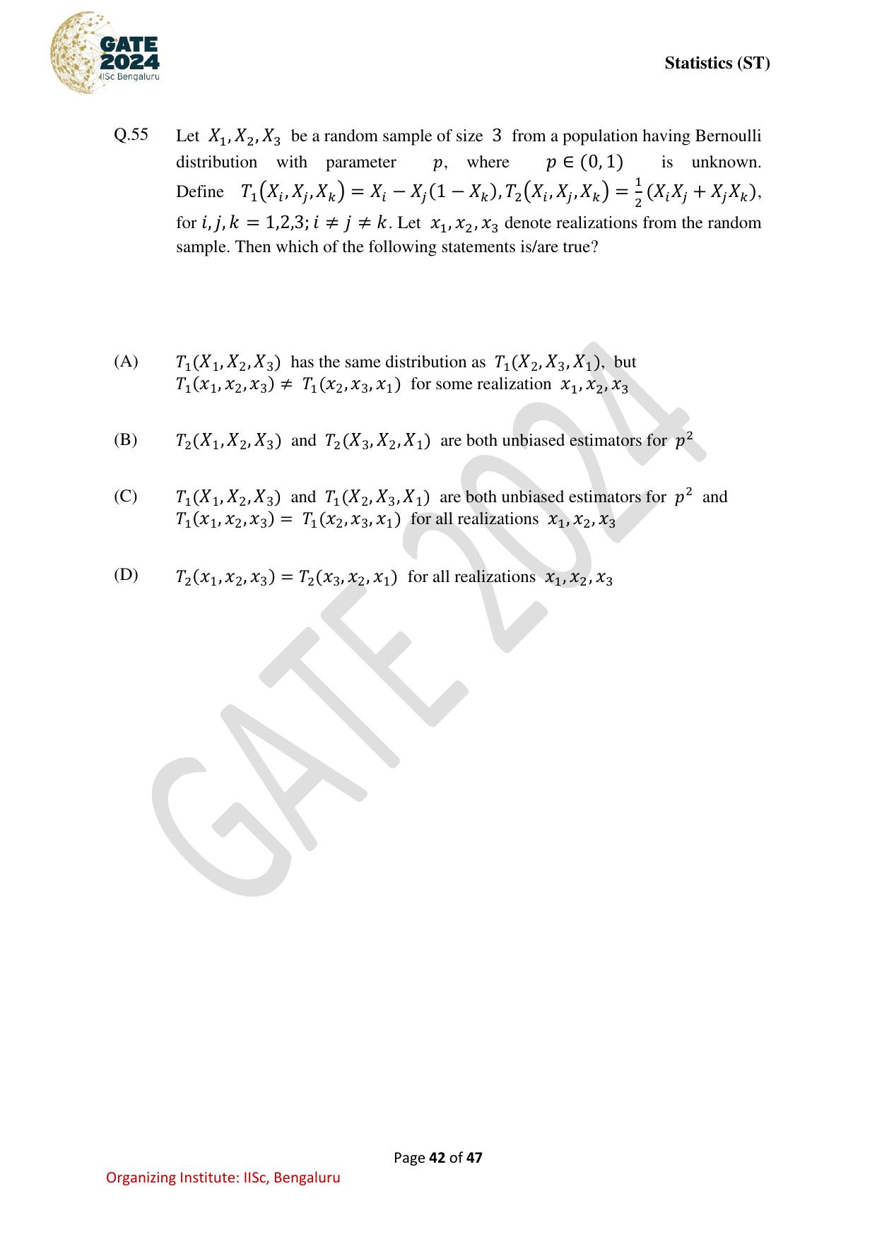 GATE 2024 Statistics (ST) Question Paper - Page 42