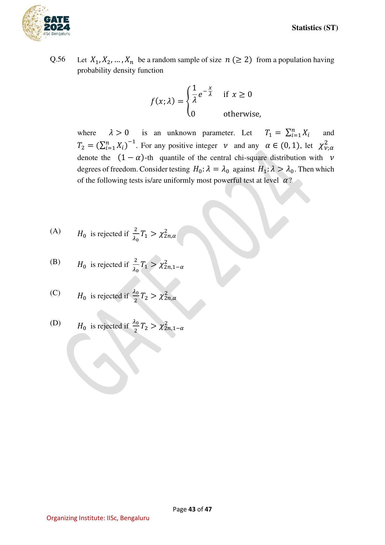 GATE 2024 Statistics (ST) Question Paper - Page 43