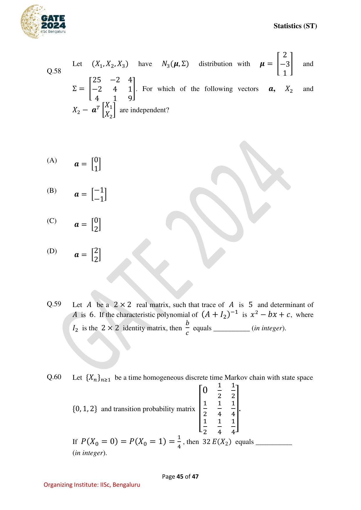 GATE 2024 Statistics (ST) Question Paper - Page 45