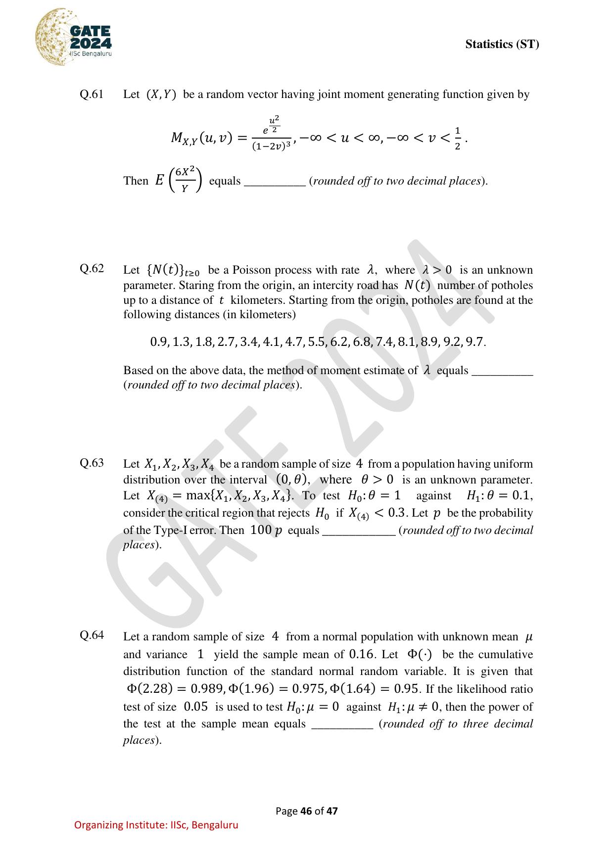 GATE 2024 Statistics (ST) Question Paper - Page 46
