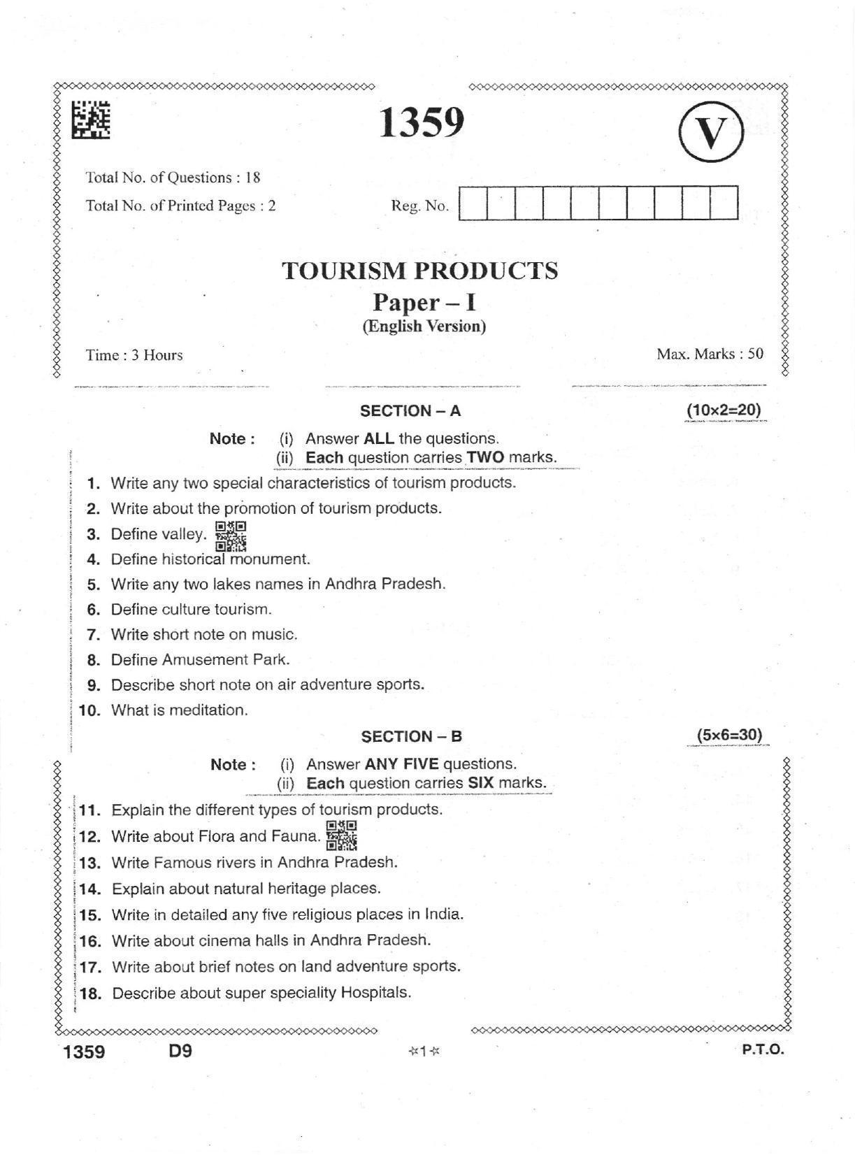 AP Intermediate 2nd Year Vocational Question Paper September-2021 - Tourism_Products-I - Page 1