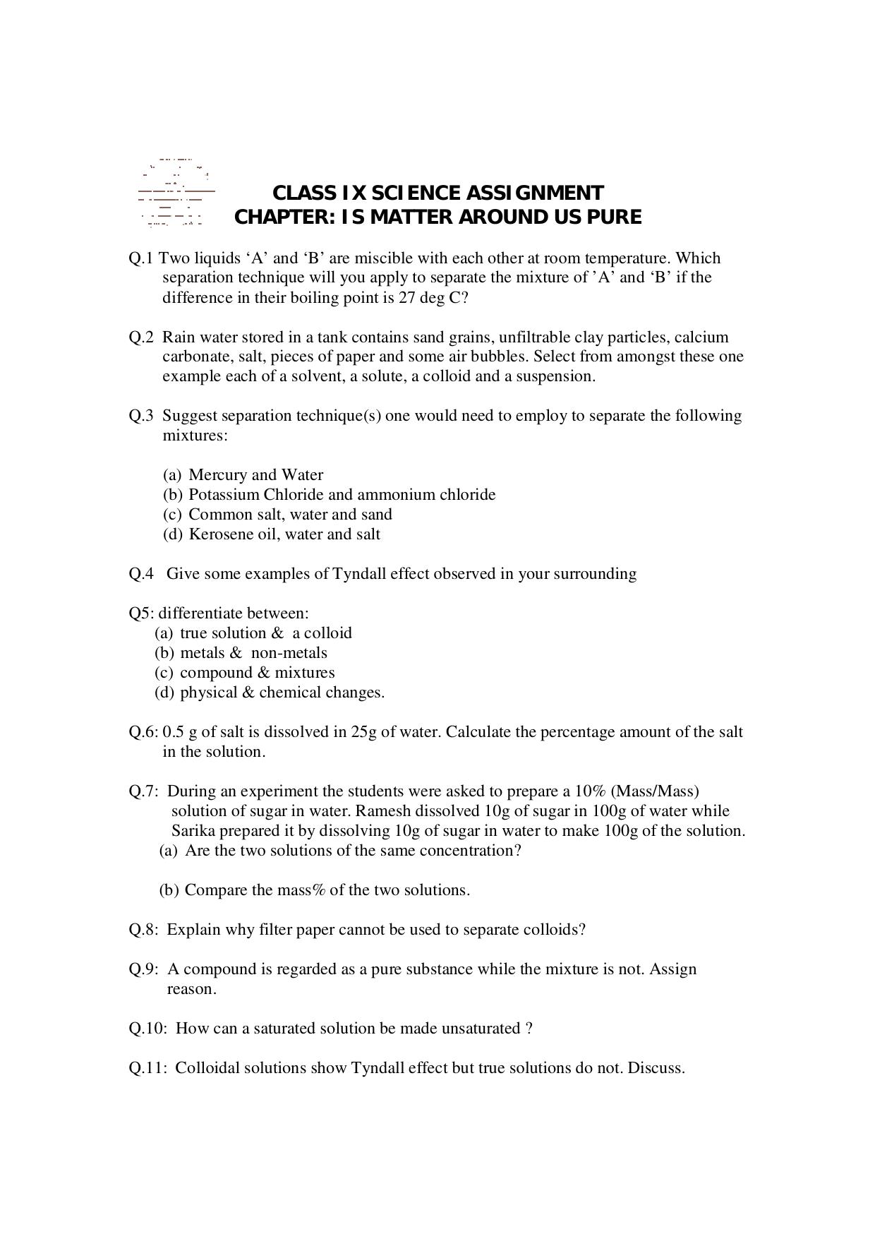 CBSE Worksheets for Class 9 Chemistry Is Matter Around Us Pure Assignment 2 - Page 1