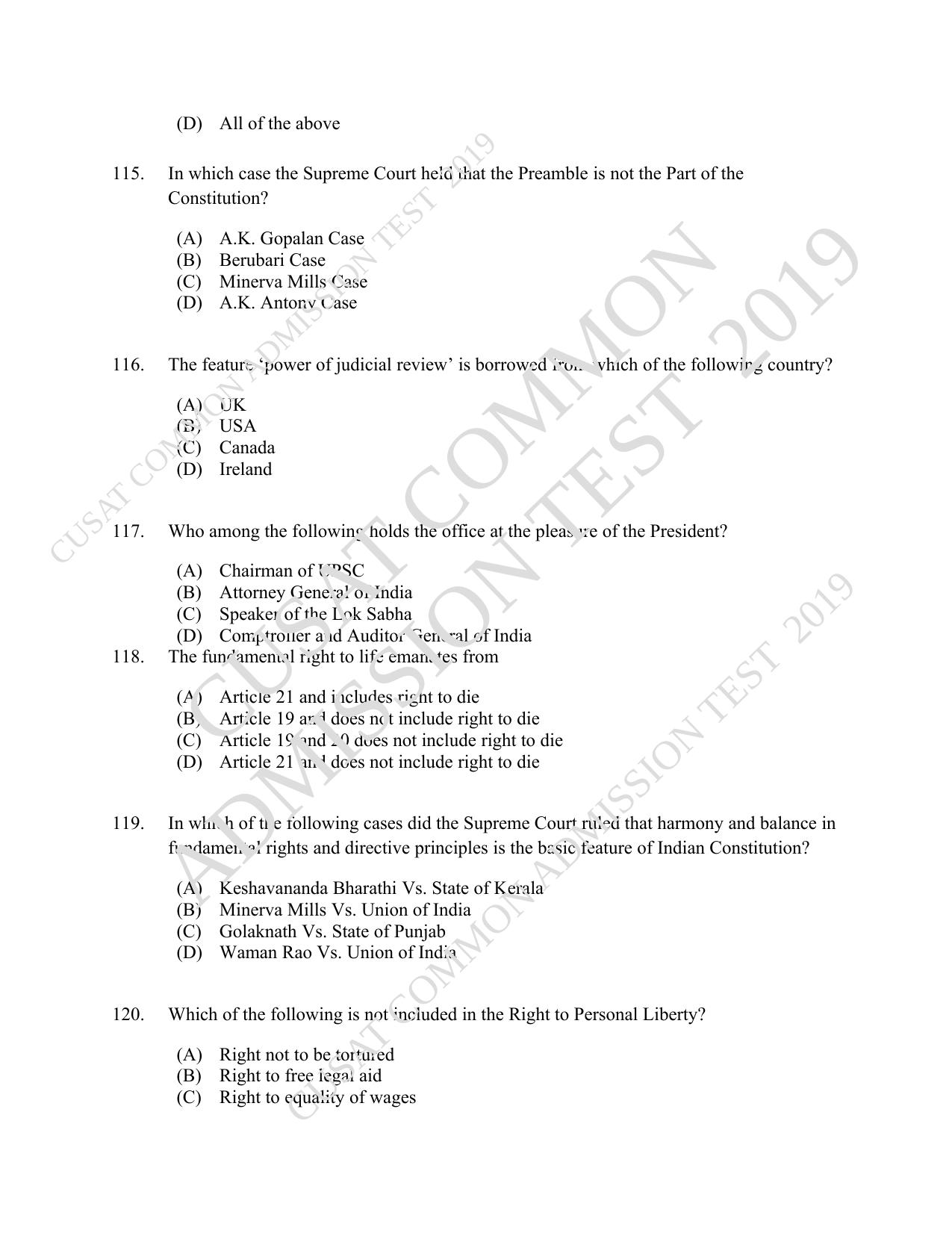 CUSAT CAT 2019 LLM Regp Question Paper With Answer Key - Page 25