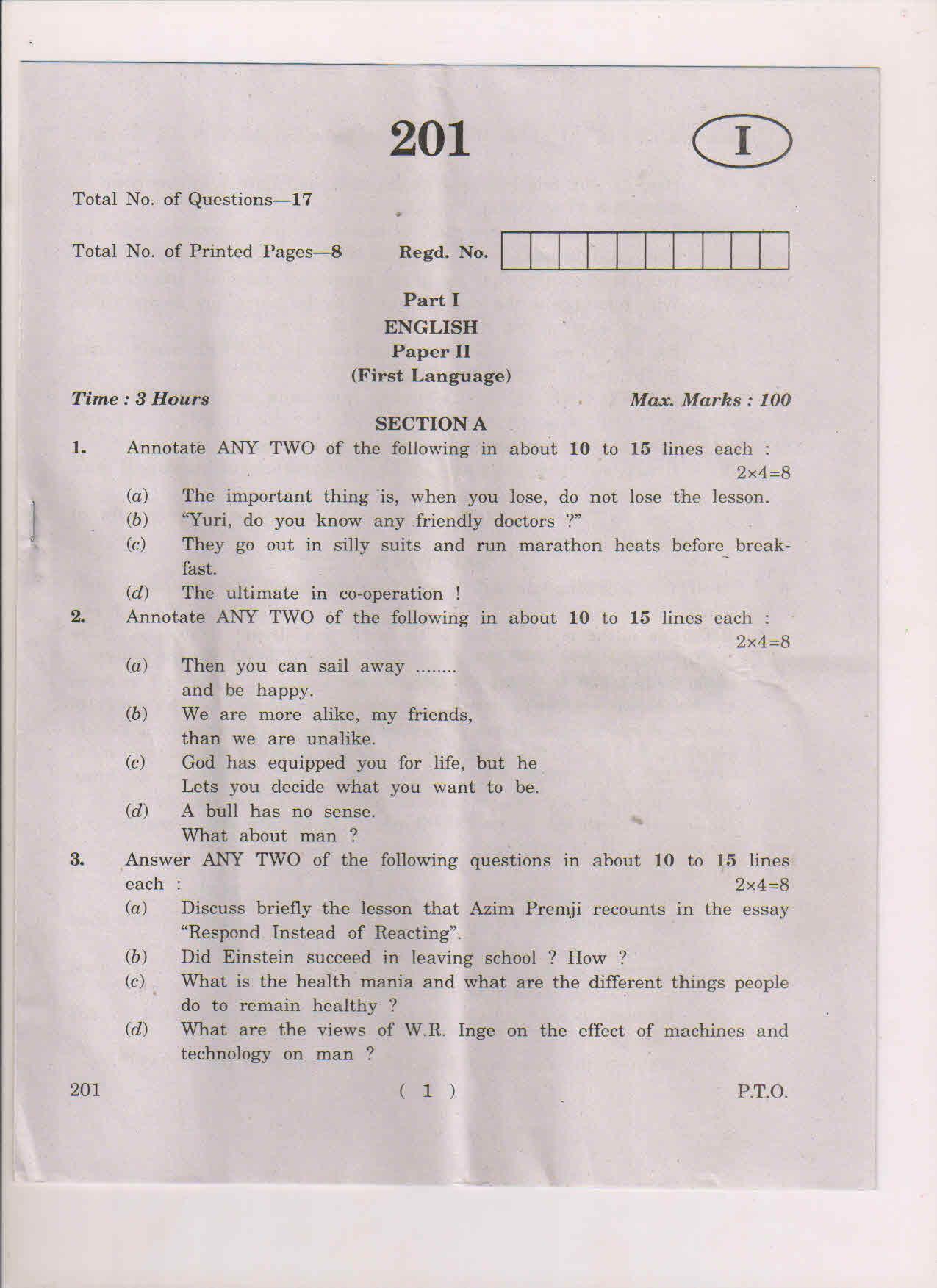 AP Inter 2nd Year English-II May 2018 (General) Question Paper - Page 1